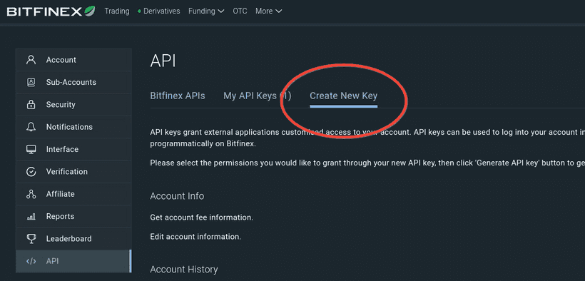 Bitfinex Create API Key