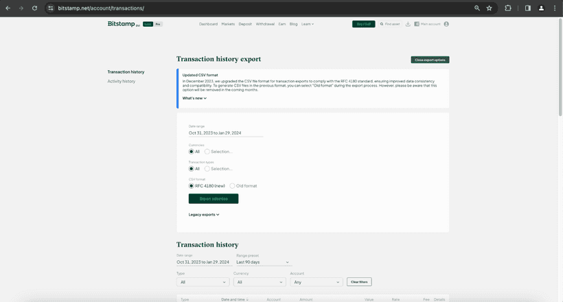 Export Bitstamp CSV