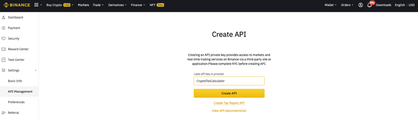 Binance create API key